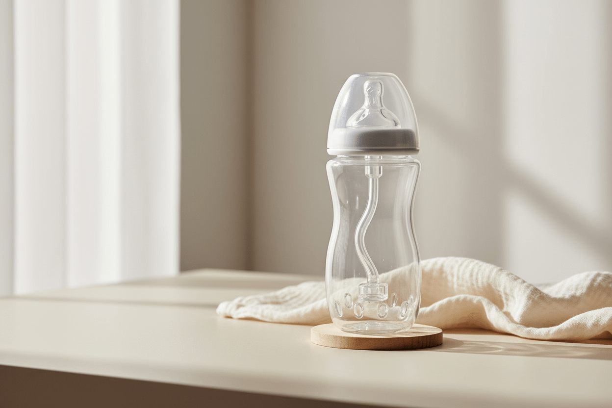 Anti-colic baby bottle with advanced venting system on natural surface