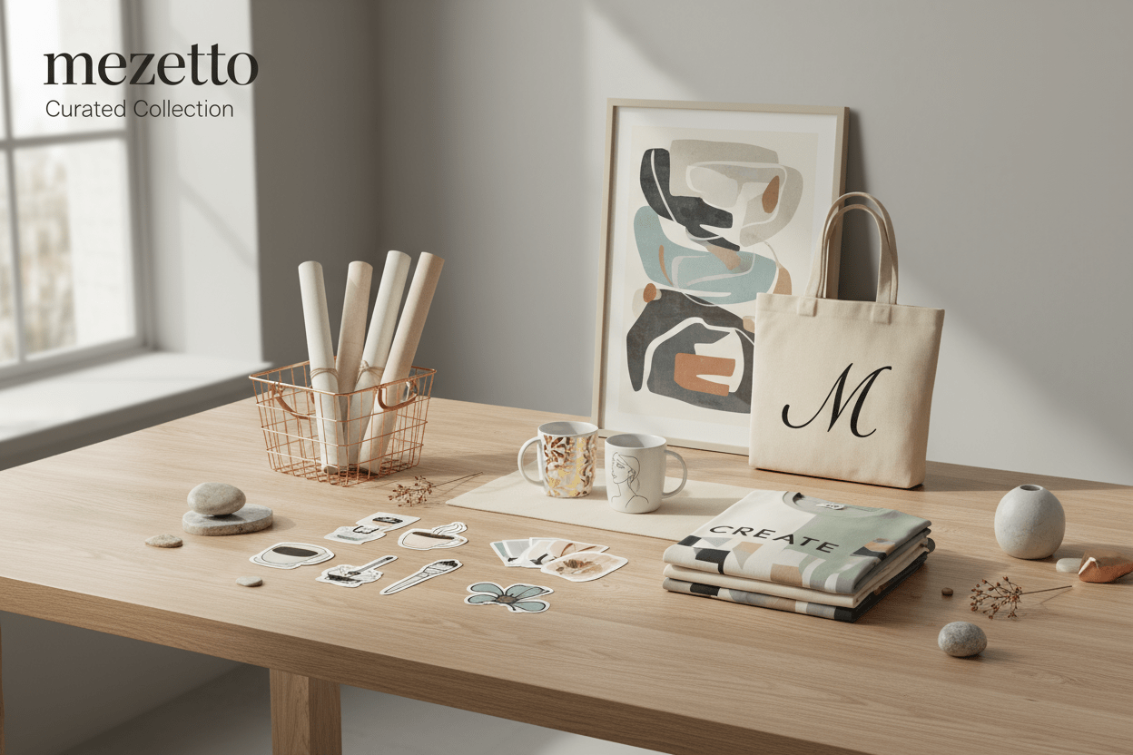 Collection of art prints, designed mugs, tote bags, apparel, and stickers featuring unique artistic designs and creative patterns