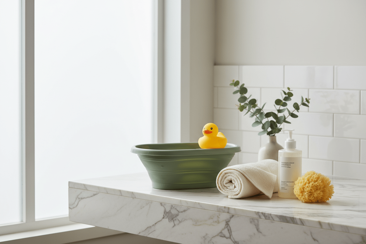 Baby bath essentials on marble surface - sage green foldable bath tub, duck thermometer, cream hooded towel, baby wash, and soft sponge with eucalyptus styling