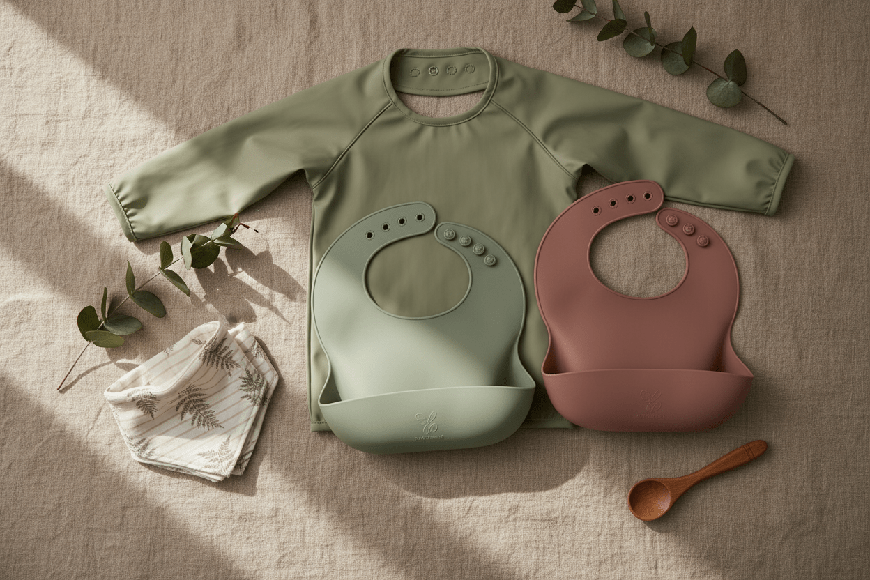 Lifestyle product photography of baby bibs arranged on natural linen fabric - silicone weaning bibs in sage green and dusty rose, cotton bibs, and waterproof coverall bib with eucalyptus styling