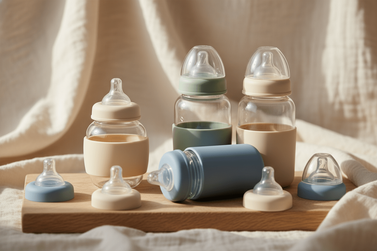 Premium baby bottles in natural tones arranged on wooden surface with soft lighting