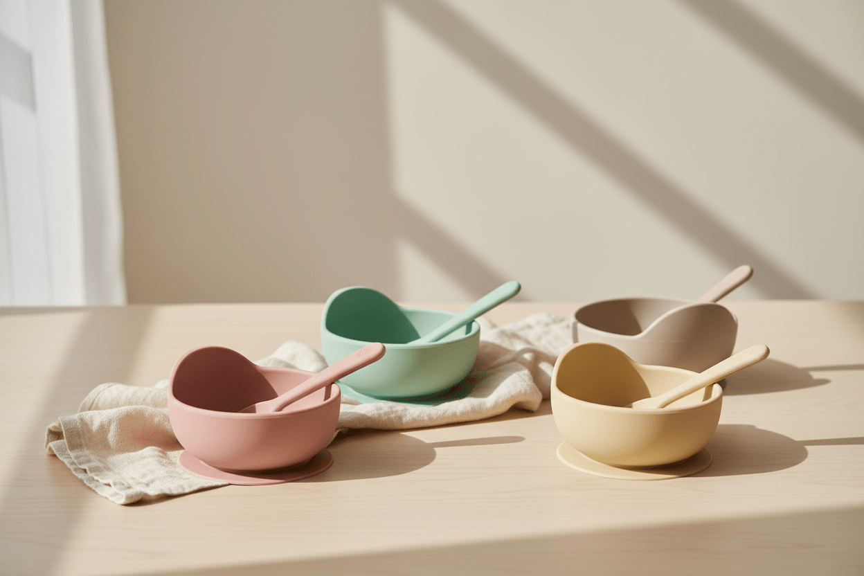 Baby feeding bowls with suction bases in pastel colors