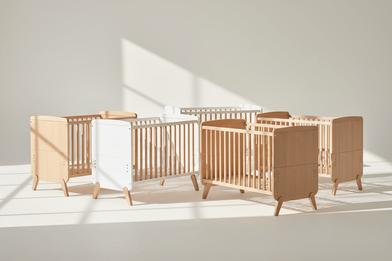 Baby cots and cribs with safe slatted sides and adjustable heights