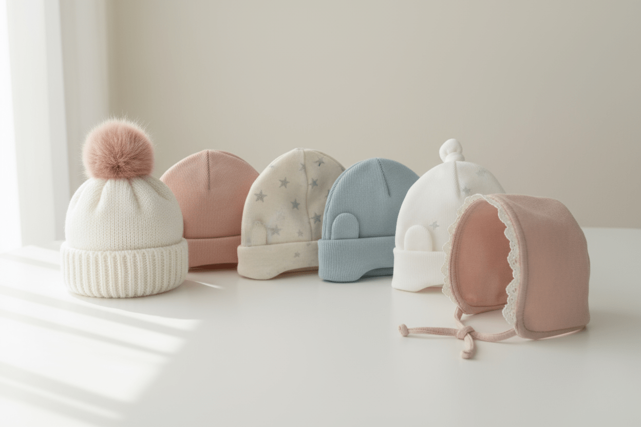 Soft knitted baby hats and beanies in pastel colors