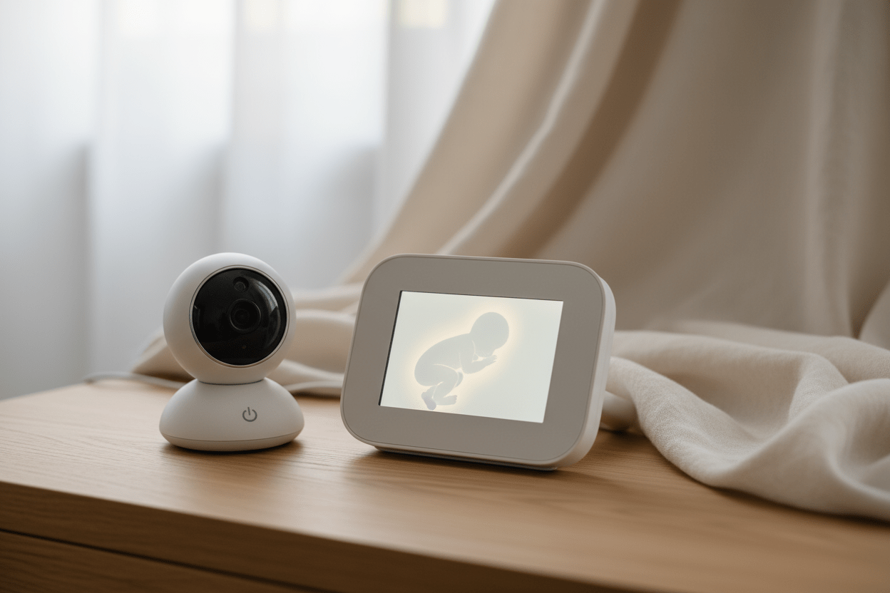 Baby monitor system on oak surface - white parent unit with screen showing sleeping baby next to camera unit, cream linen, natural light