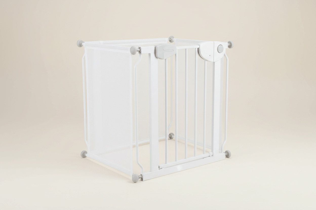 White baby safety gate on cream studio background, three-quarter angle showing secure locking mechanism and mesh panels