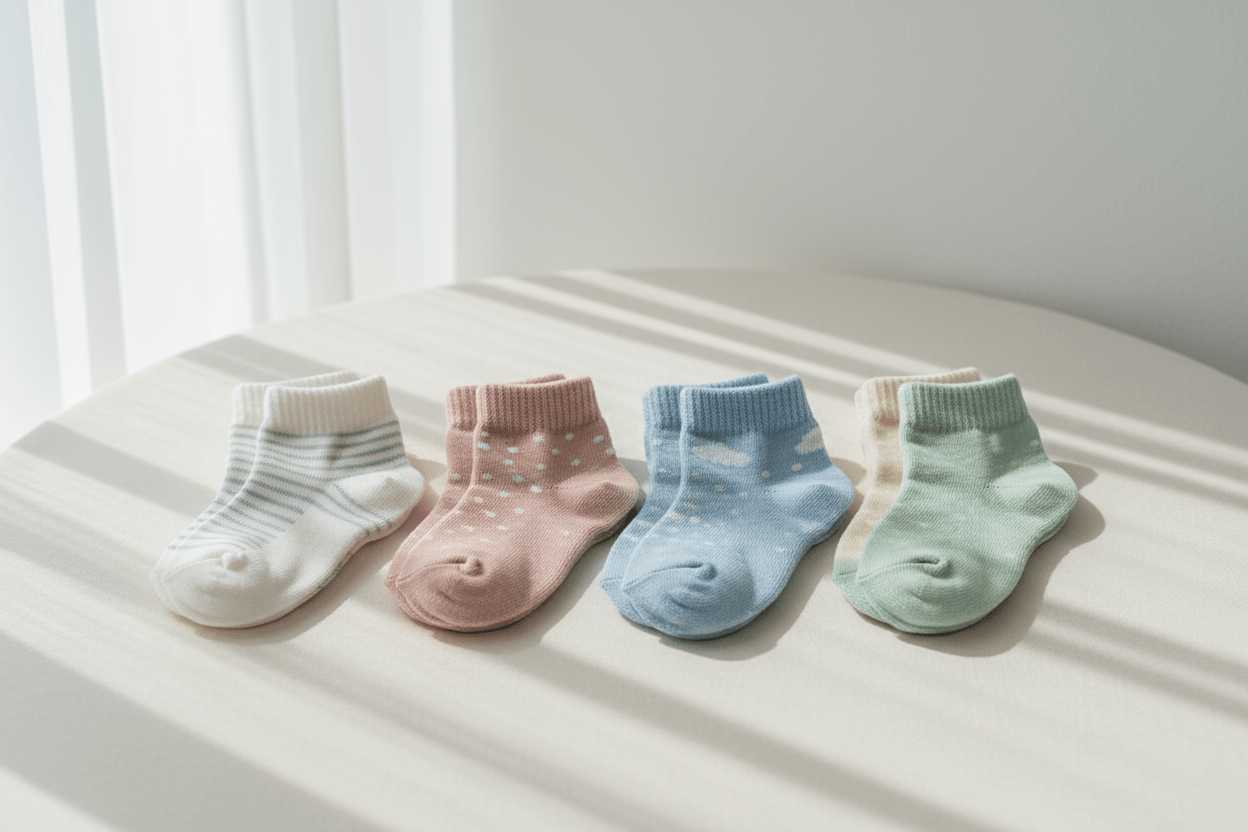 Soft cotton baby socks in pastel colors with cute patterns