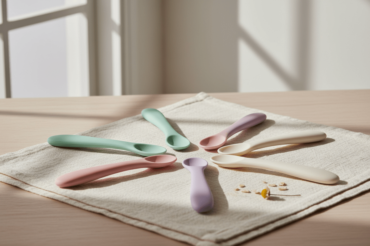 Soft-tip silicone baby feeding spoons in pastel colors