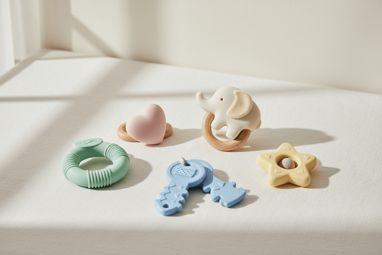 Colorful silicone baby teethers in various shapes