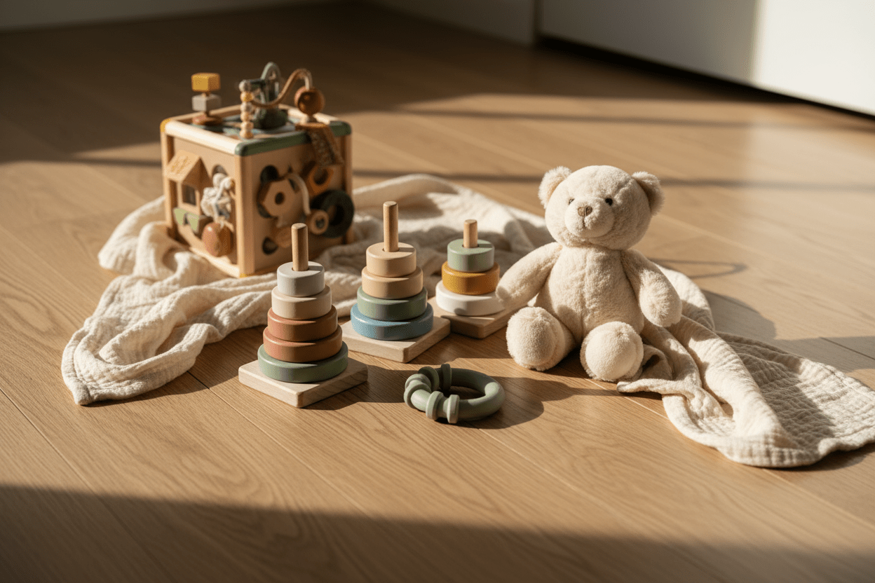 Baby toys on oak floor - wooden stacking rings in pastels, cream plush teddy, sage teething ring, colorful activity cube with muslin blanket, natural light