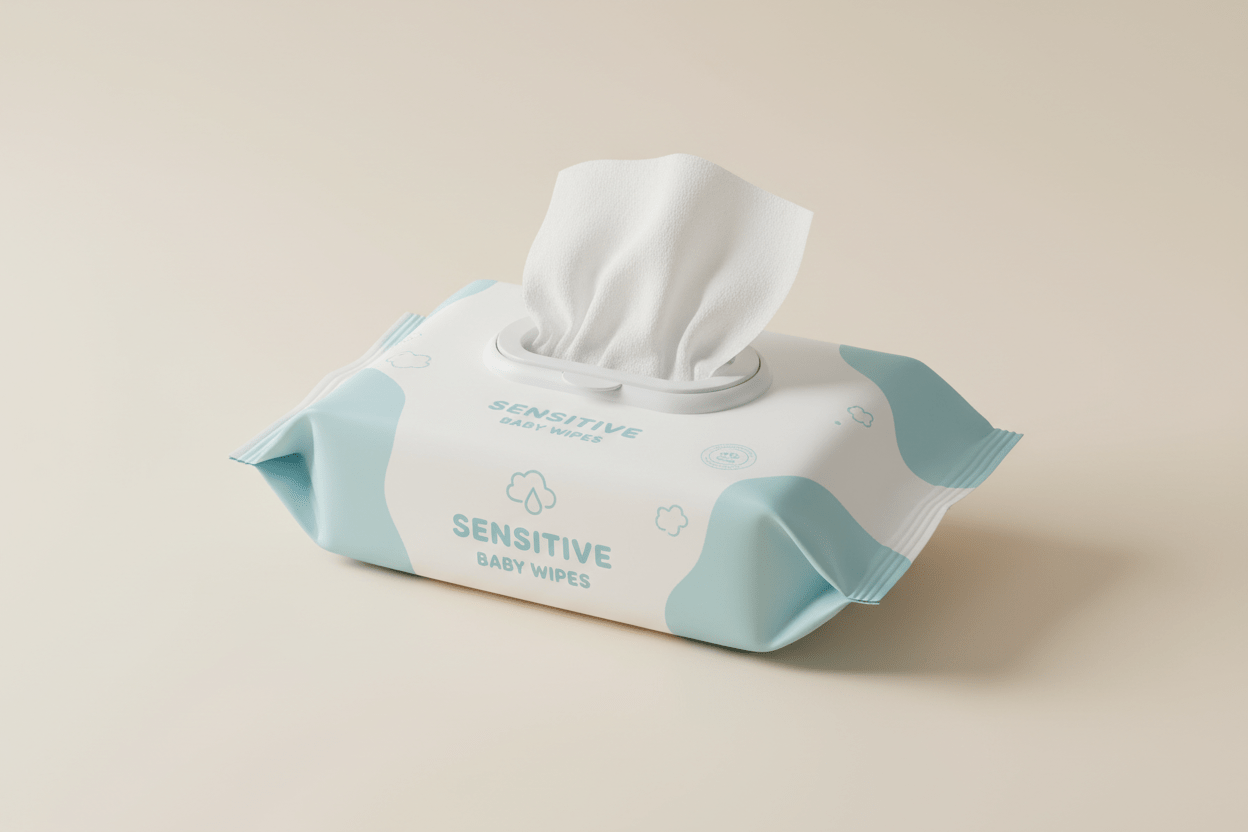 Baby wipes soft pack in white and pastel blue packaging on cream studio background, one wipe pulled out showing texture