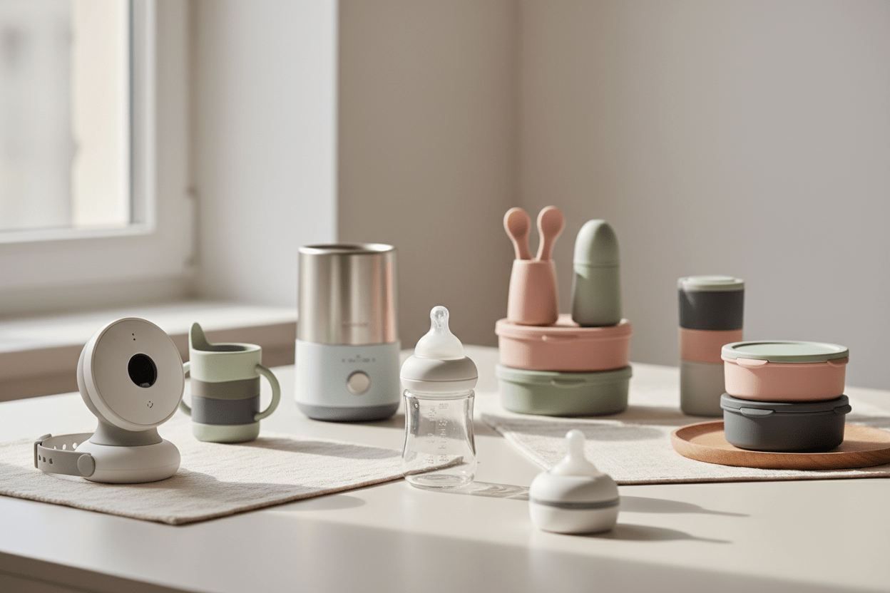 Modern baby monitors and feeding accessories with French design