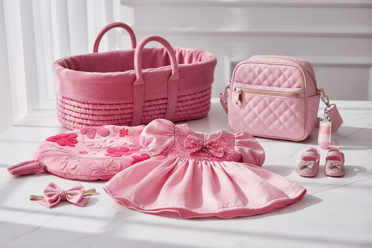 Baby products in vibrant pink with glamorous fashion-forward designs