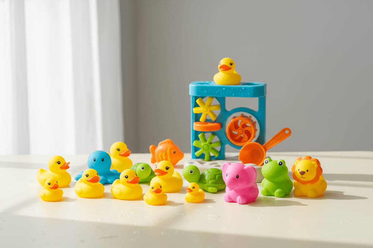 Colorful waterproof bath toys with floating and squirting features