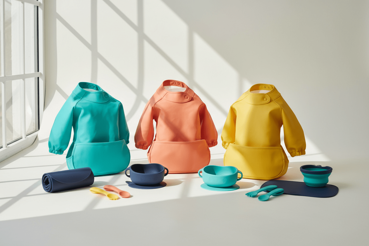  Waterproof coverall bibs and weaning accessories in bright colors