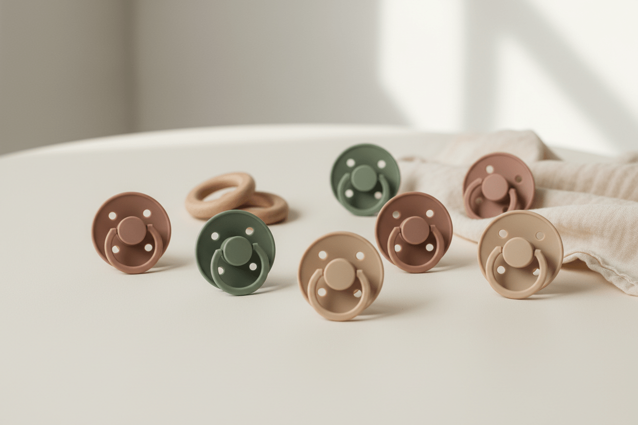 Scandinavian-style baby pacifiers in muted Nordic tones