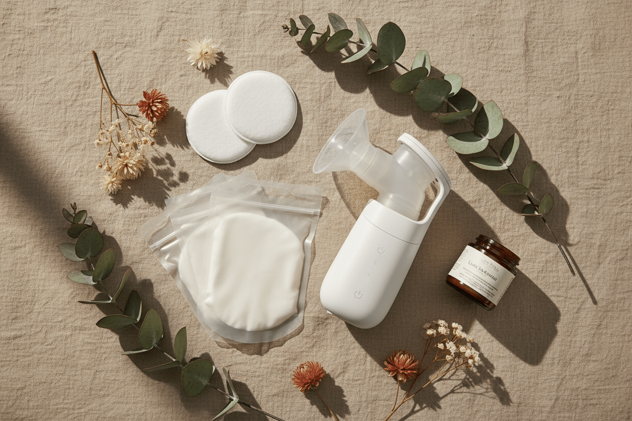 Flat lay of breastfeeding essentials including breast pump and storage accessories
