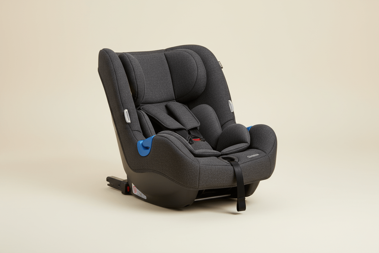 Modern baby car seat in charcoal grey fabric with safety harness and padded headrest on neutral cream studio background, clean product photography