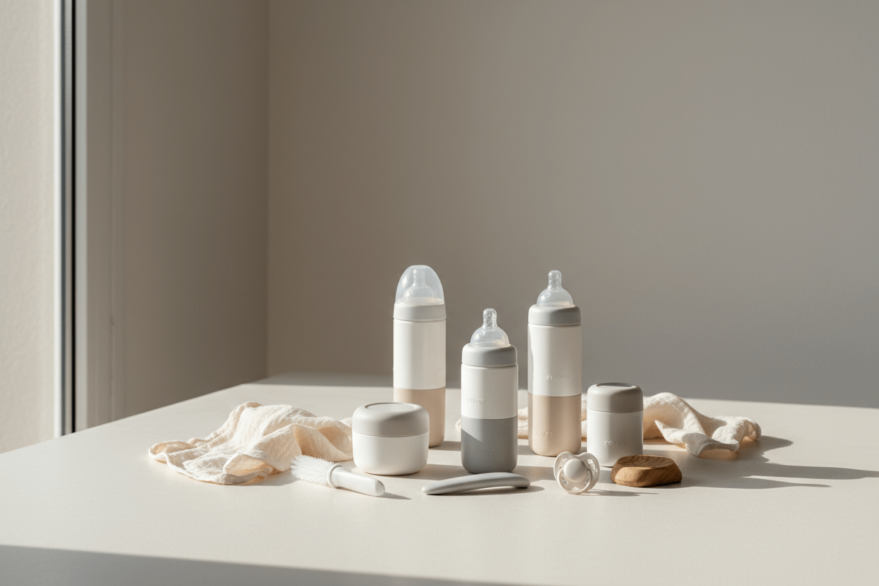 Baby feeding bottles and accessories on natural surface