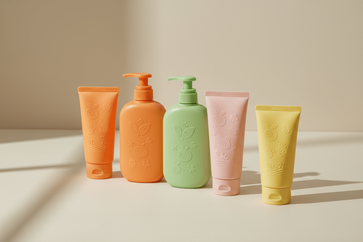 Natural children's skincare and haircare products in colorful bottles