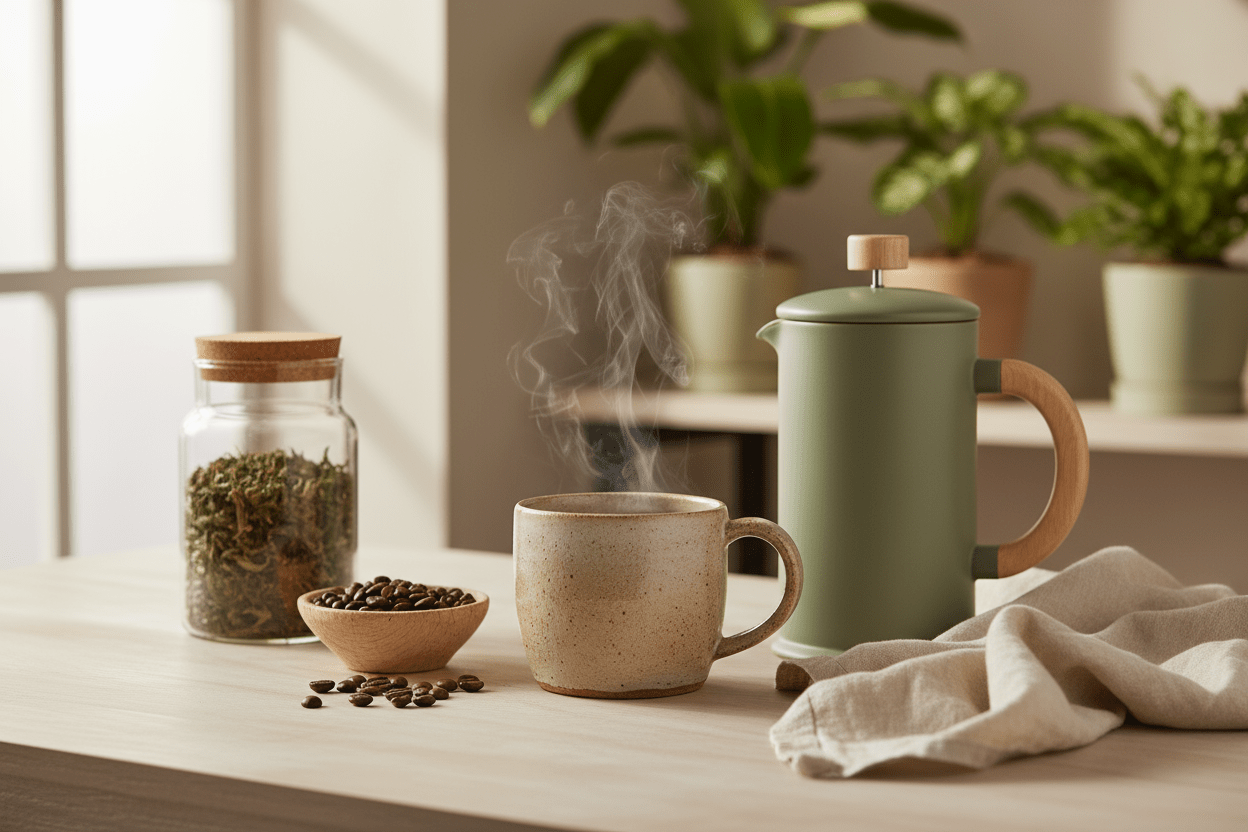 Slow-living coffee and tea moment with ceramic cup, quality loose leaf tea, coffee beans and natural serving accessories in warm earth tones