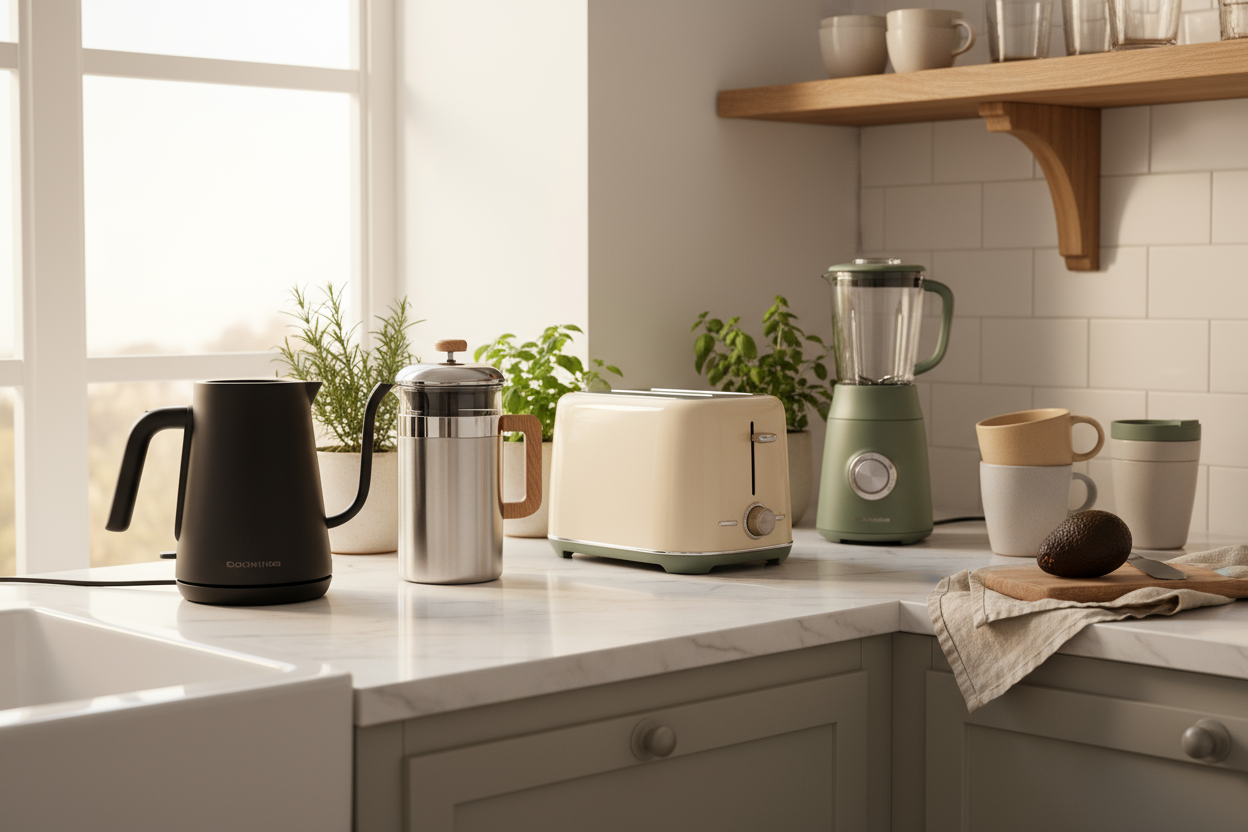 Compact kitchen appliances including electric kettle, coffee maker, toaster and blender on modern countertop in neutral colors