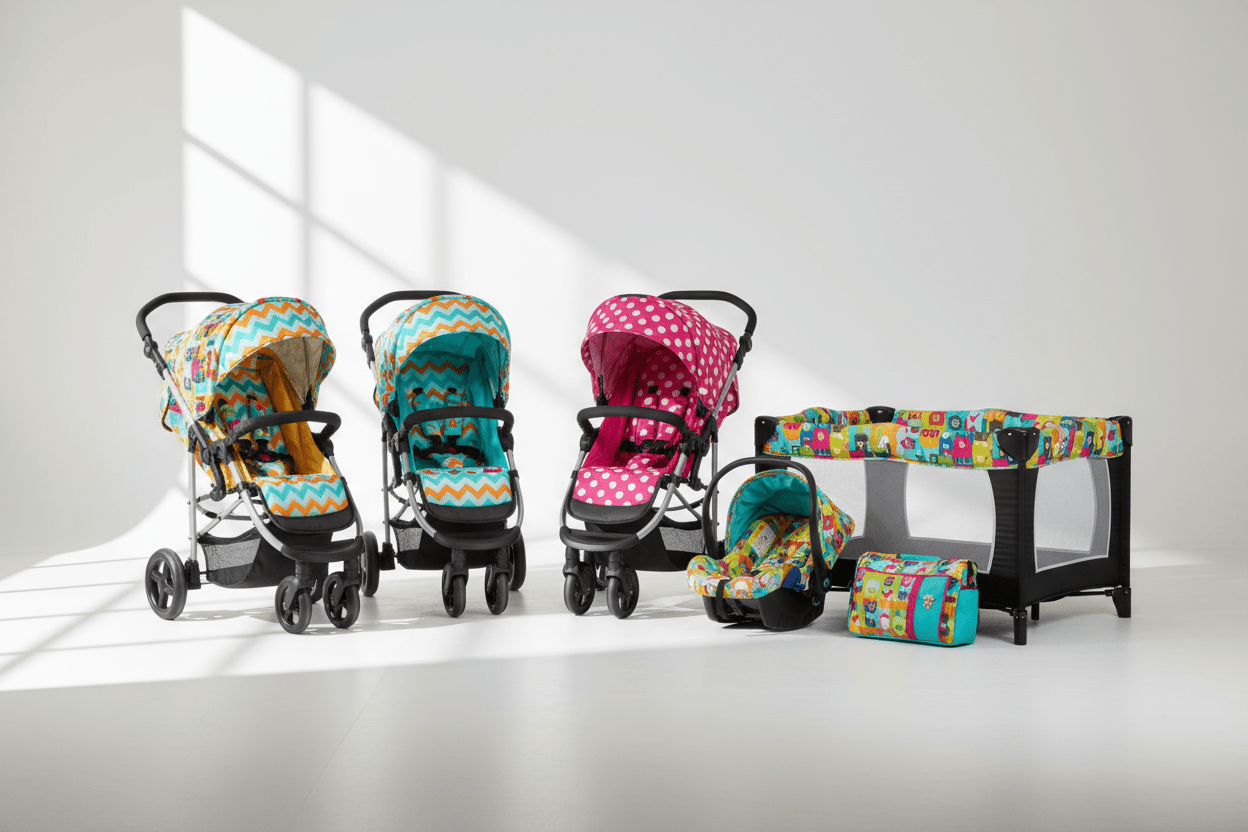 Colorful pushchairs and baby gear with bold British design patterns