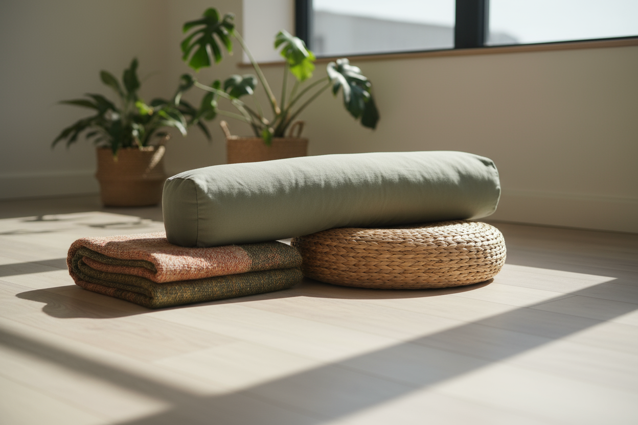 Eco-friendly yoga bolster, meditation cushion and organic cotton blanket in sage green and natural beige tones on wooden floor with plants