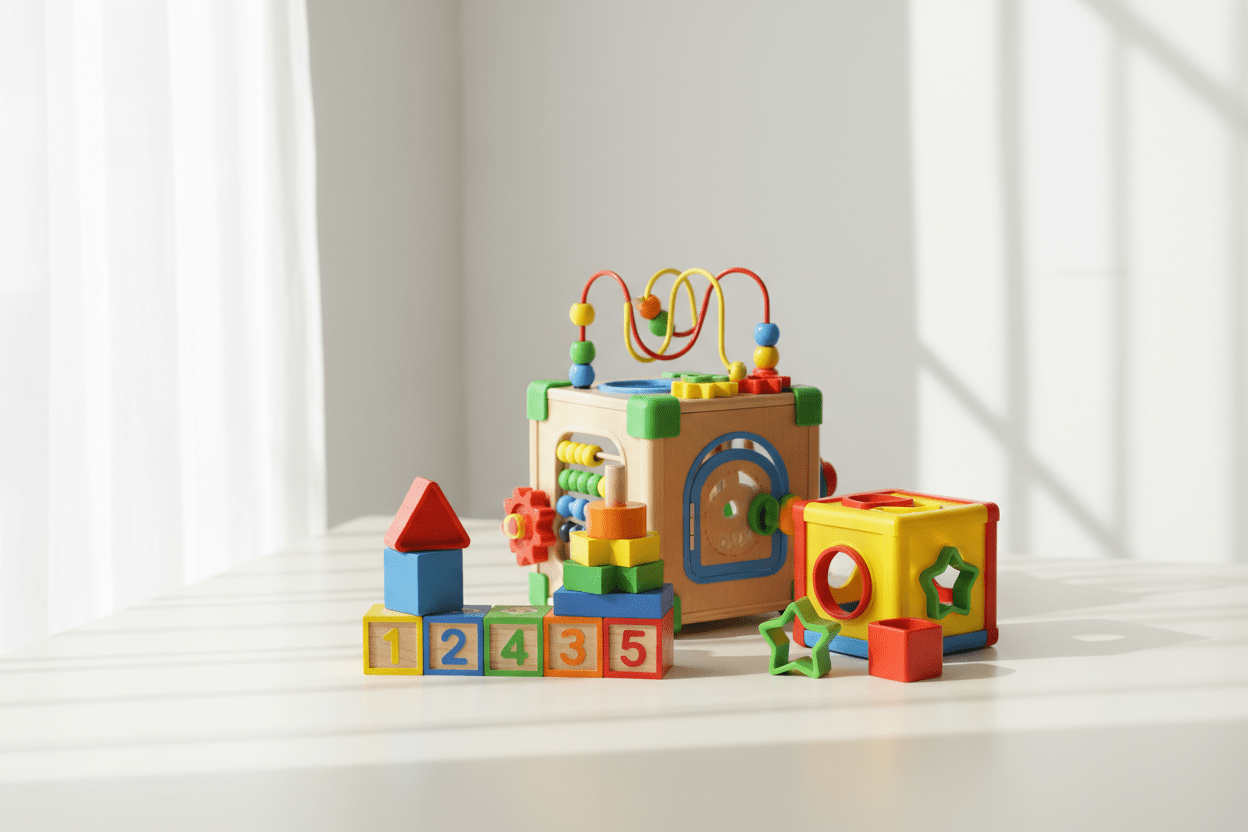 Educational toys with colorful stacking blocks and shape sorters