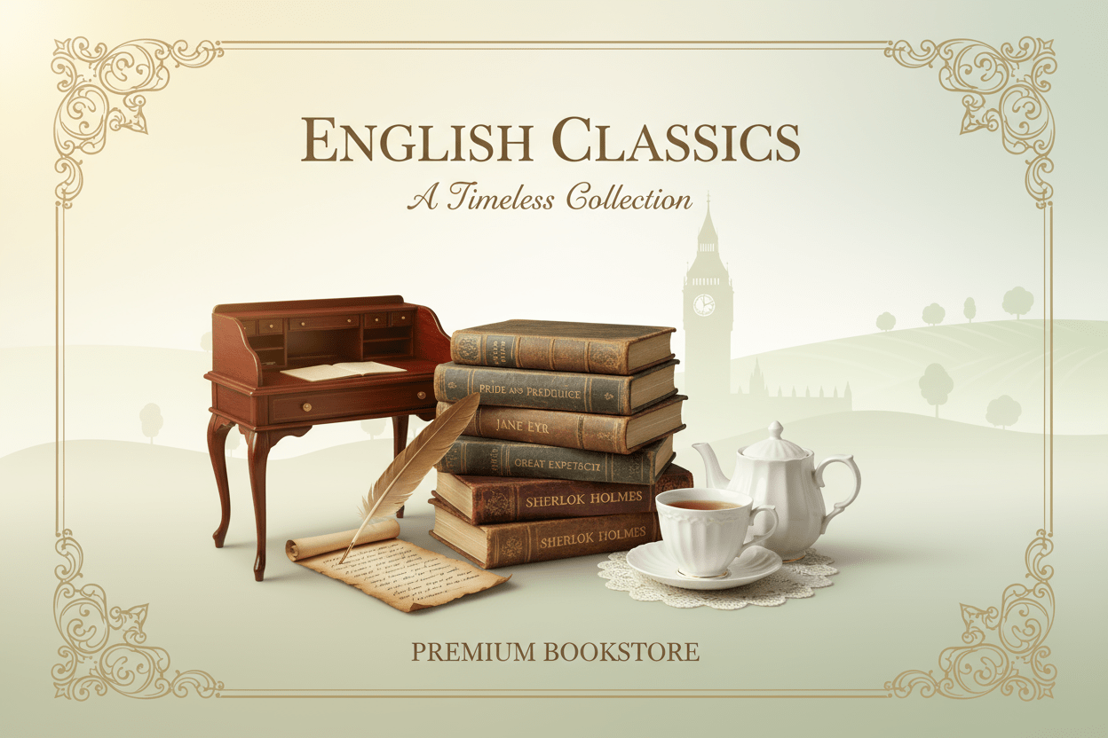 İngiliz edebiyatının altın çağını ve viktorya dönemi romanlarını simgeleyen koleksiyon görseli