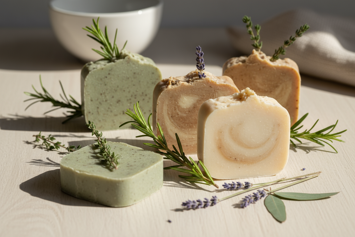 Friendly Soap natural handmade soap bars arranged on wooden surface with botanical leaves and lavender - eco-friendly plastic-free skincare products