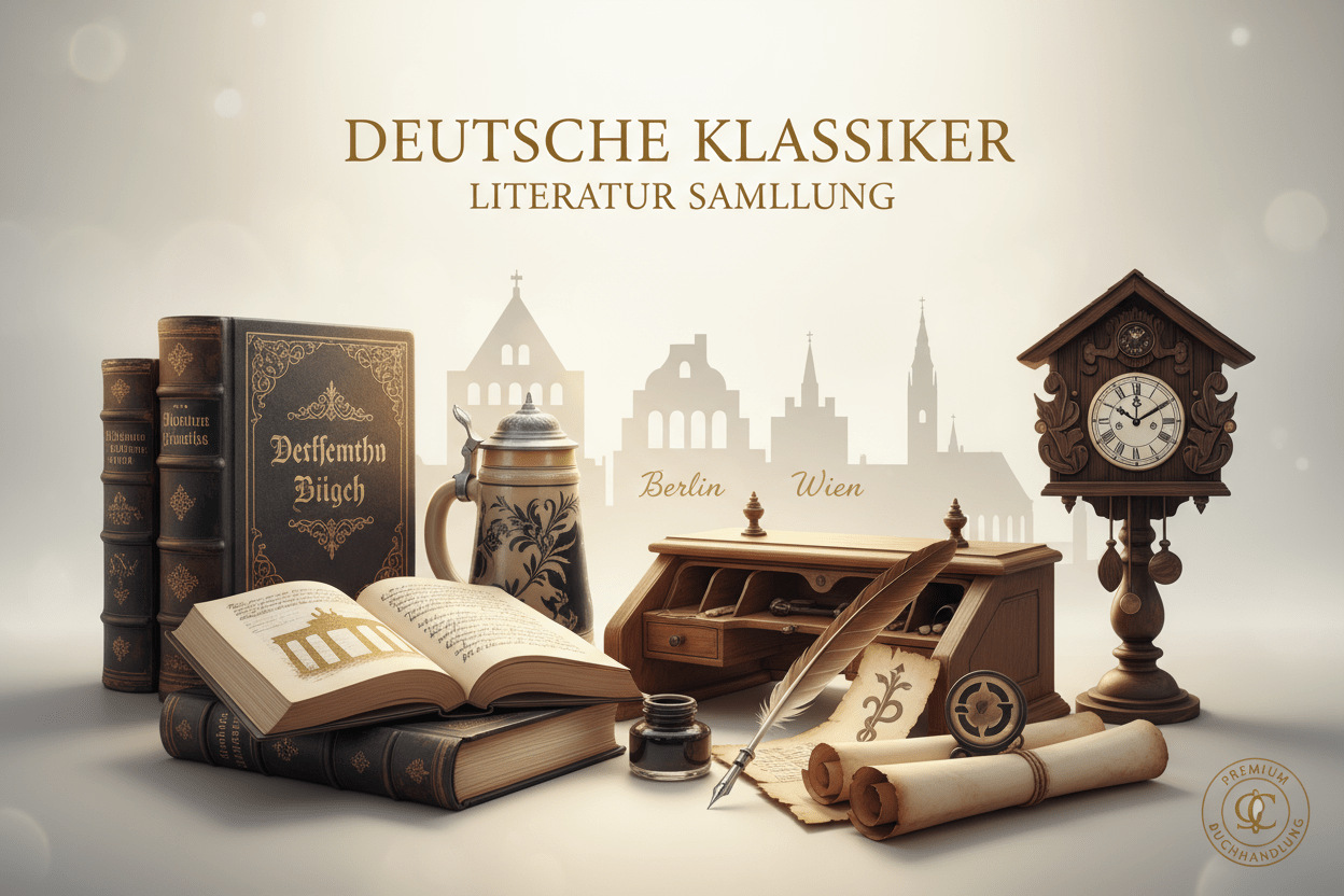 Alman klasik edebiyatını simgeleyen, Goethe’den Kafka’ya uzanan yazarları gösteren kitap temalı görsel