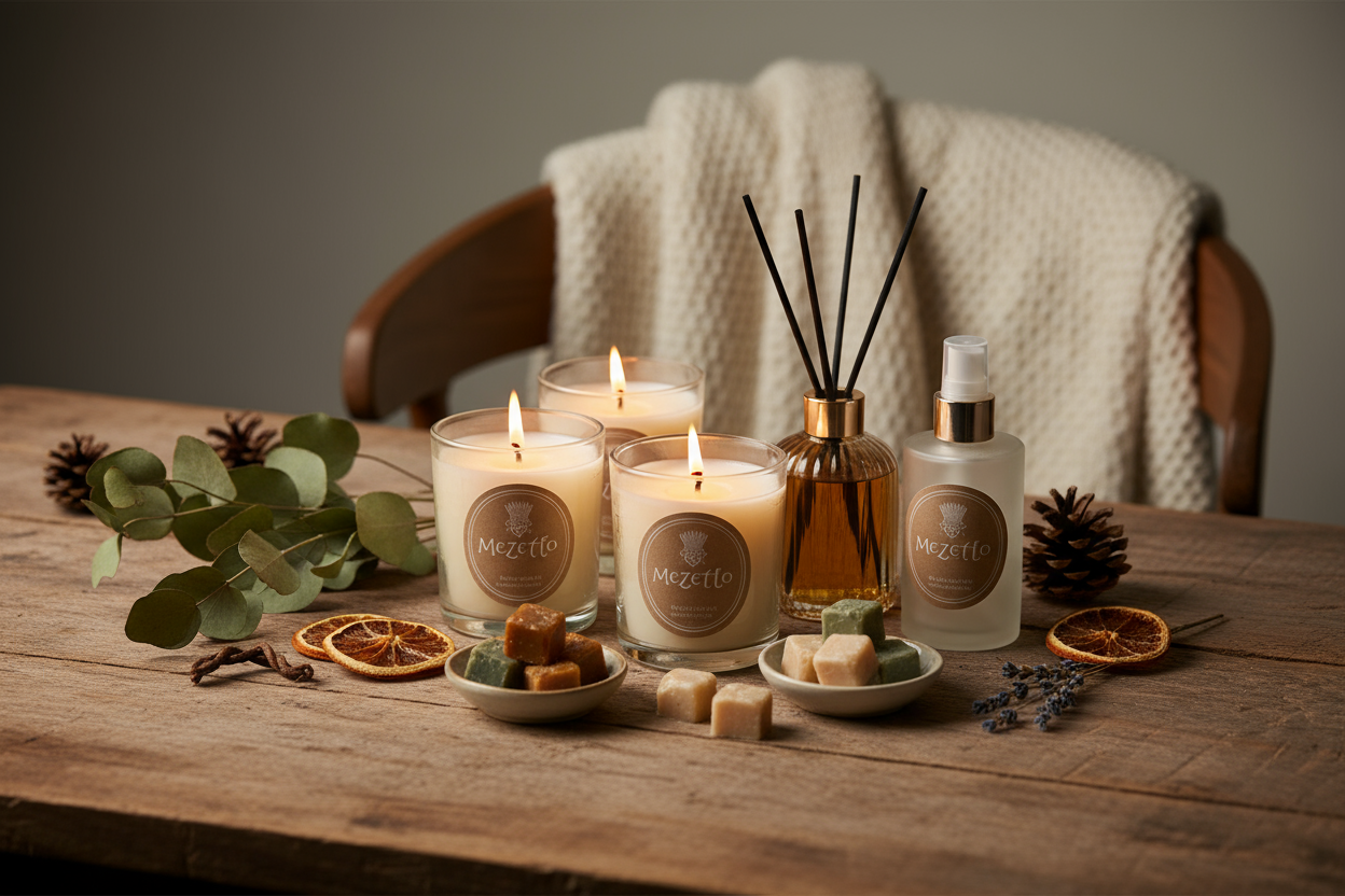 Hand-poured Scottish vegan candles, wax melts and reed diffuser with warm candlelight on wooden surface with natural elements