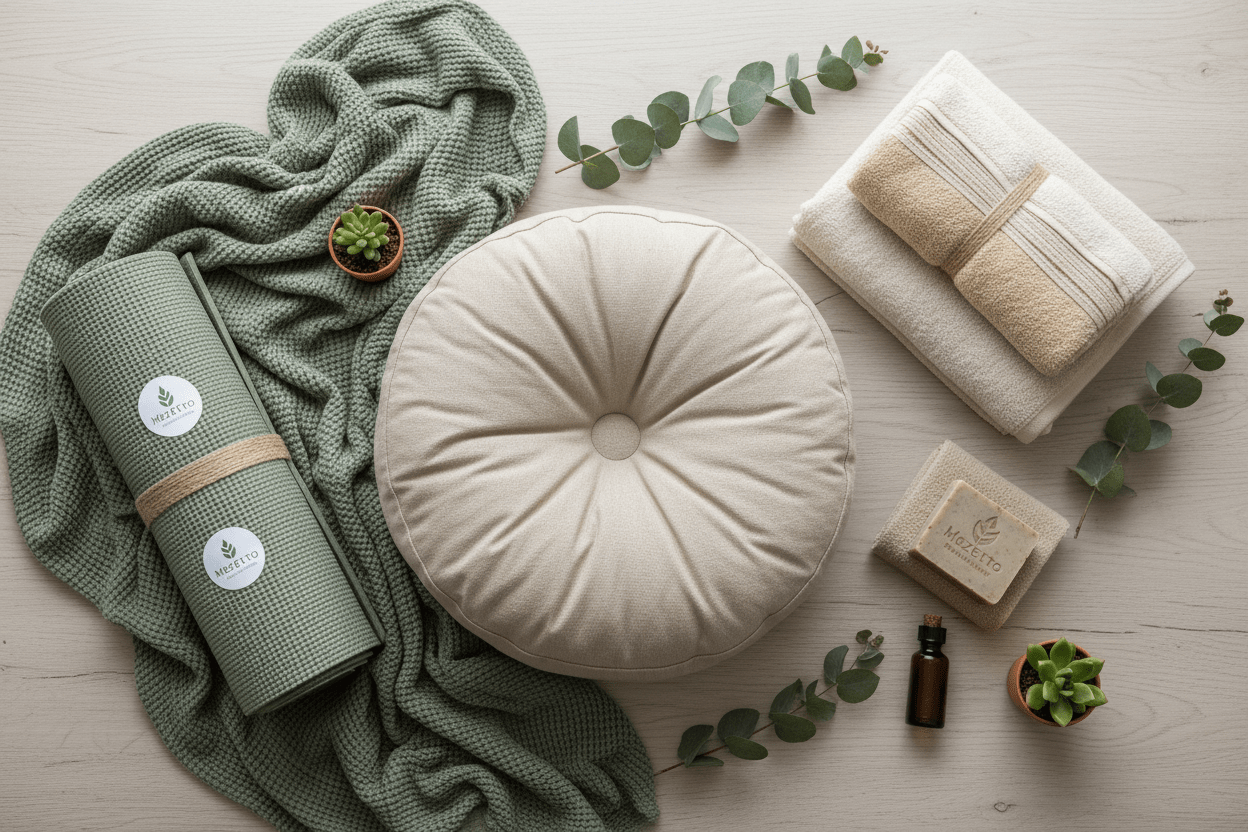 Eco-friendly wellness collection with organic cotton throw, yoga mat, meditation cushion, towel set and natural home spa items in sage green and earth tones