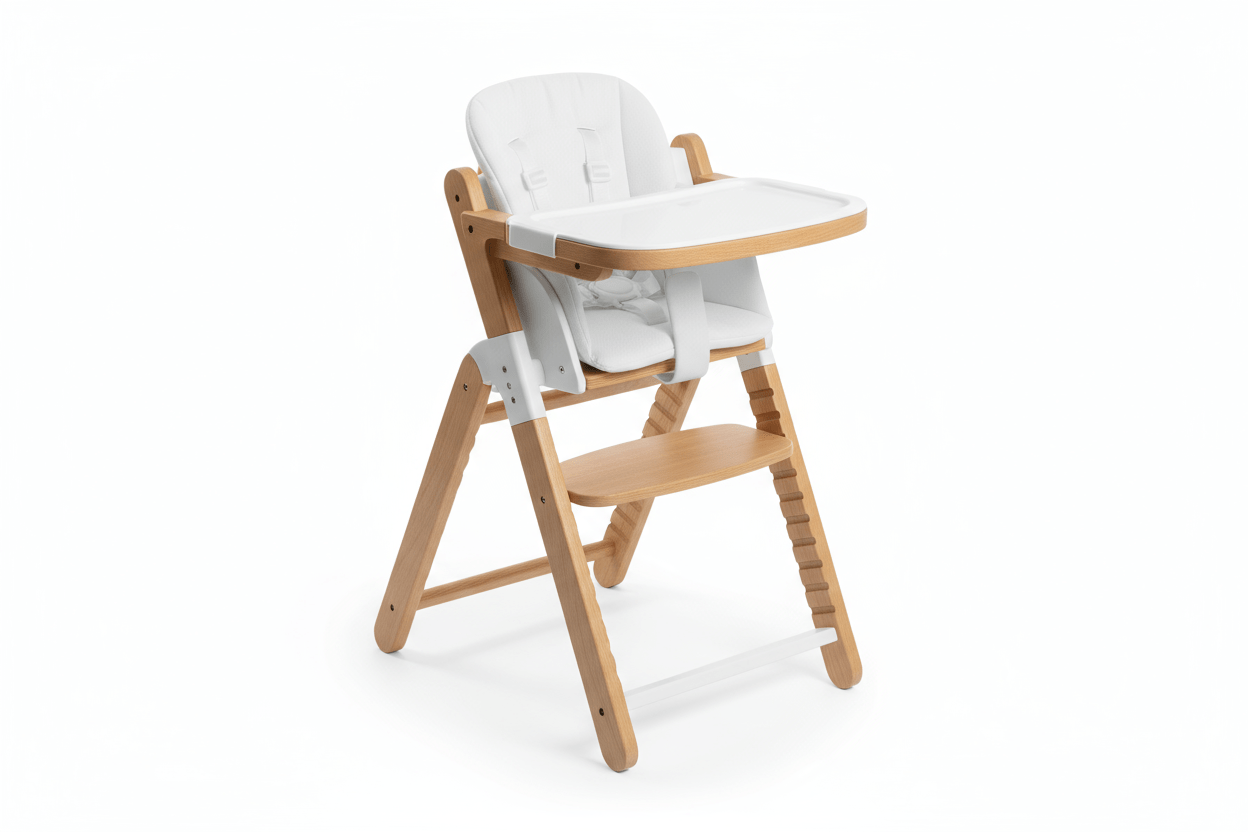 Modern wooden highchair in natural oak and white on studio background, three-quarter angle showing adjustable tray and padded seat