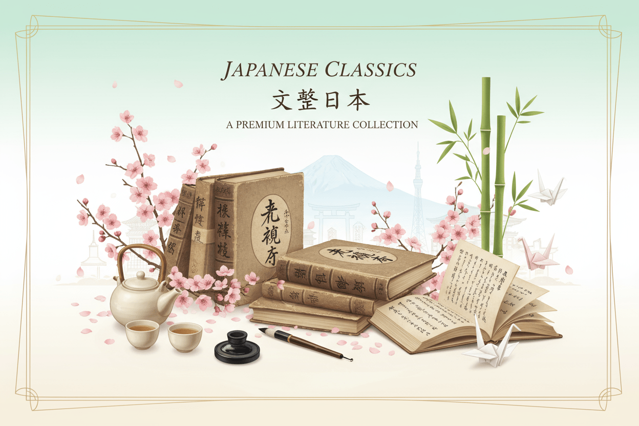 Geleneksel Japon edebiyatı ile modern klasiklerin birleşimini gösteren, Japon Klasikleri koleksiyonu için hazırlanmış görsel