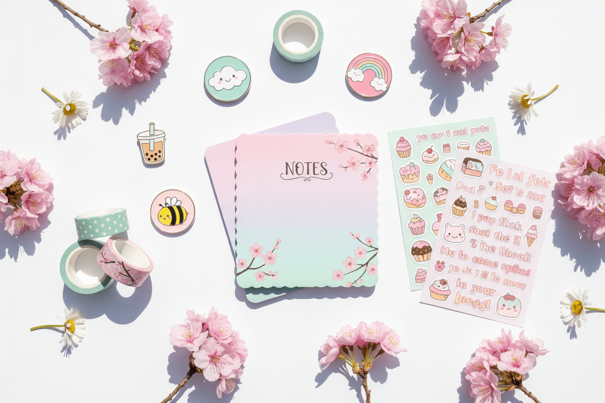 Lunamise indie artist collection - colorful enamel pins, washi tapes, sticker sheets and cottagecore stationery with floral and fandom-inspired designs