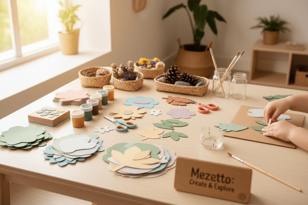 Screen-free craft activity kit for children ages 3-7 with colorful materials, scissors and creative supplies on wooden table