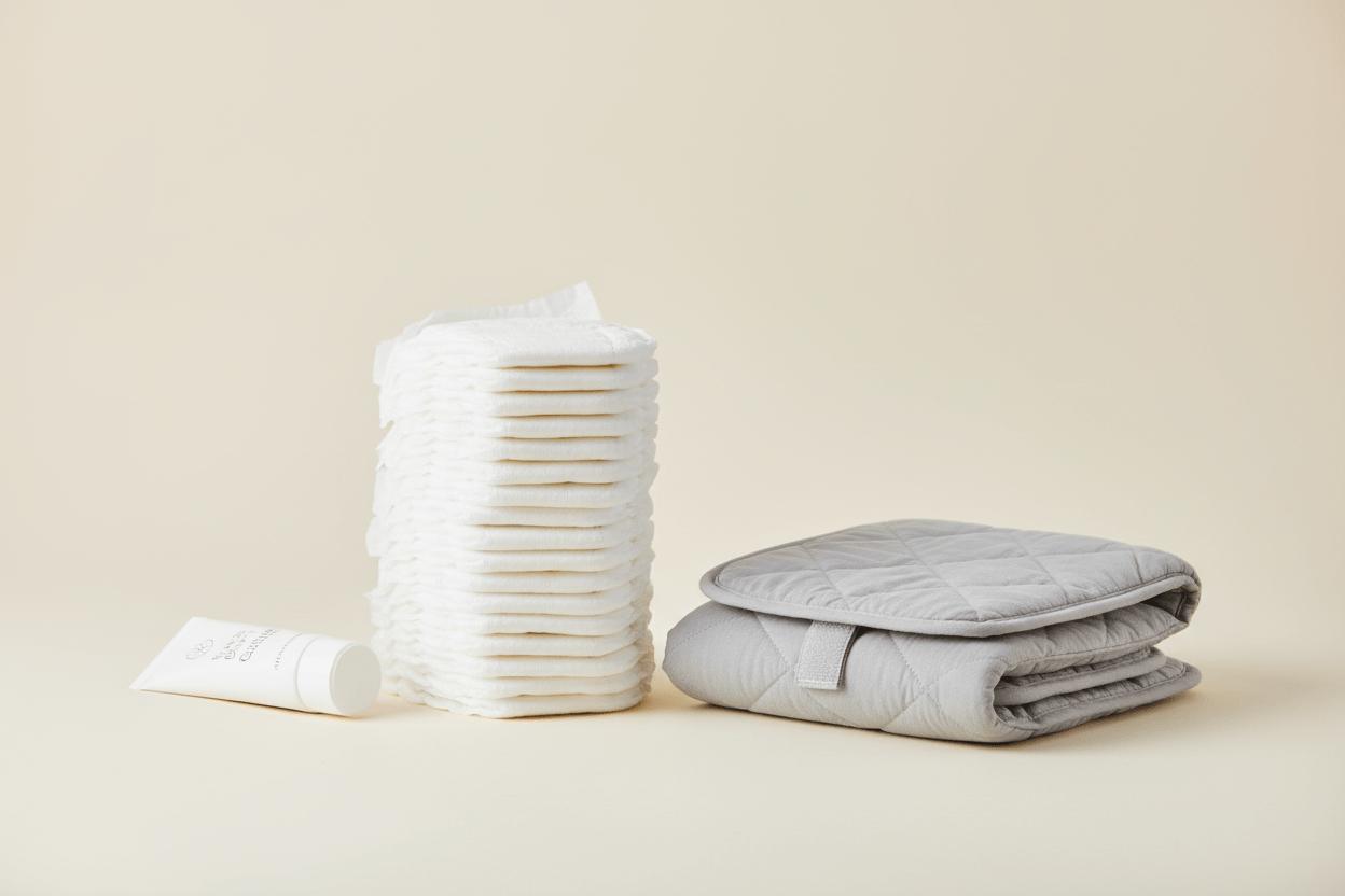 Baby nappies and changing essentials on cream studio background - stack of white disposable nappies, grey changing mat, and nappy cream tube