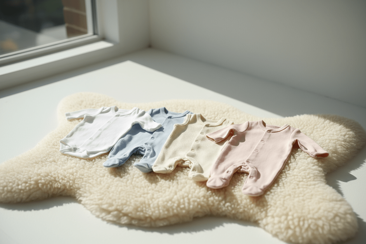 Newborn baby bodysuits and sleepsuits in soft cotton