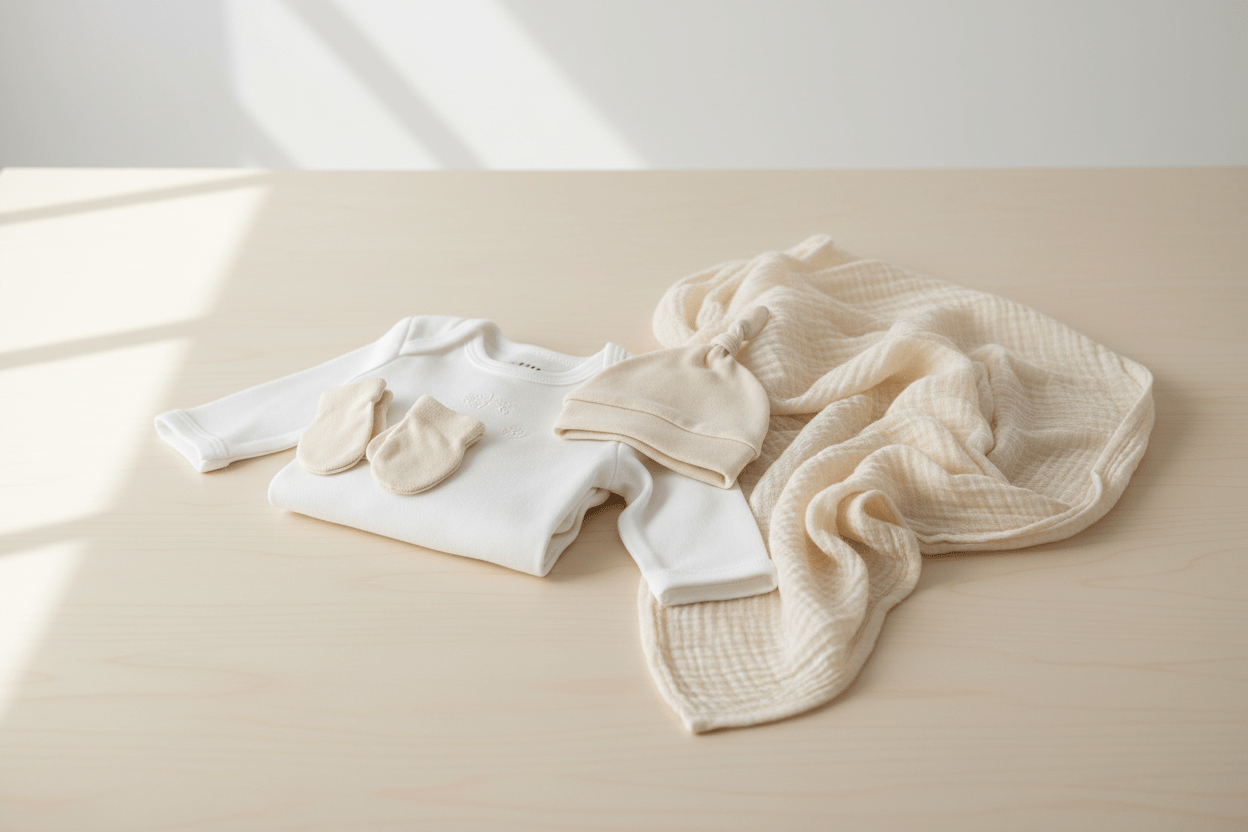Newborn baby essentials including clothing and accessories in white