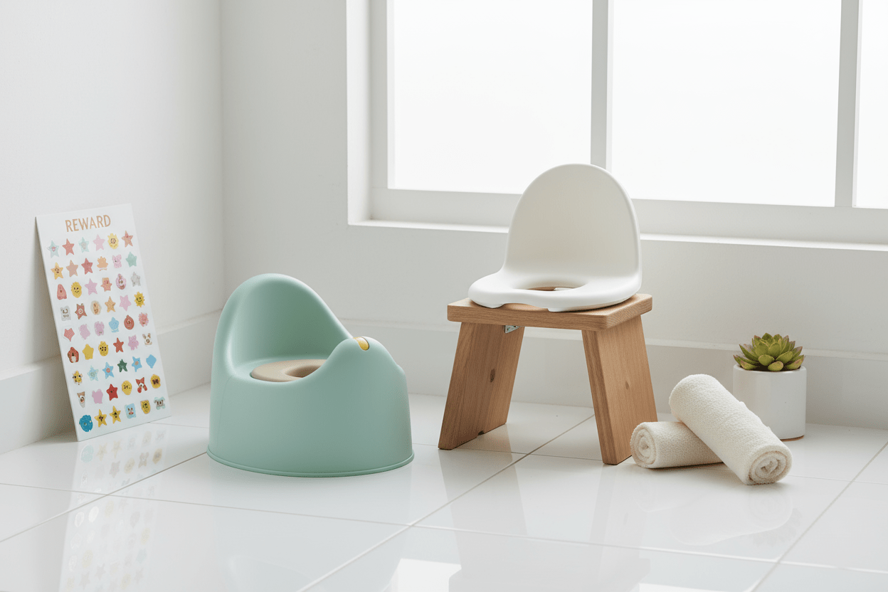 Potty training essentials on white bathroom tiles - mint green toddler potty, white toilet seat, oak step stool, reward chart with cream towel and plant