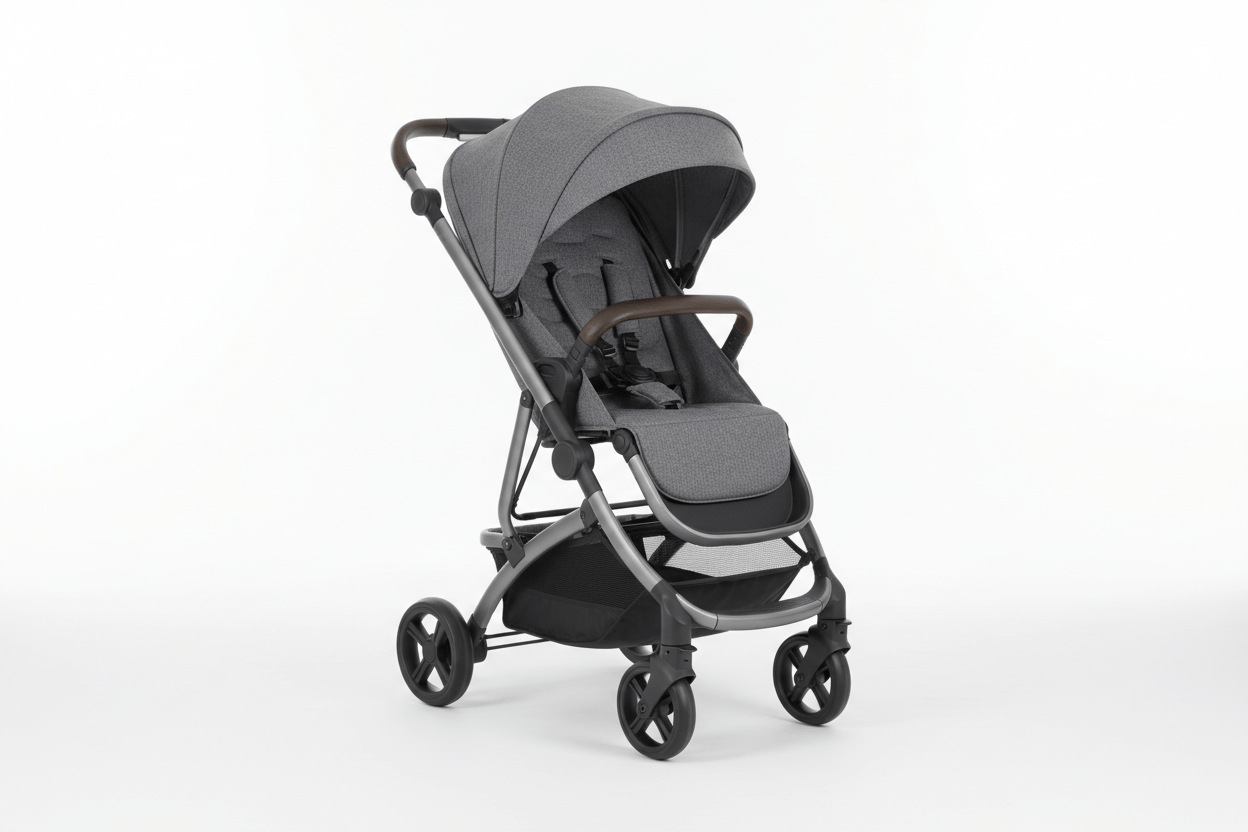 Modern lightweight pushchair in charcoal grey on white studio background, three-quarter angle showing sleek design and compact fold