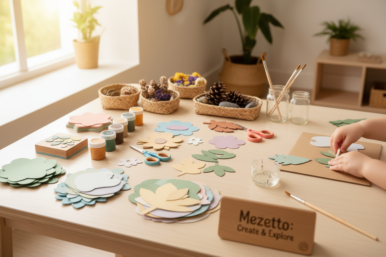 Screen-free craft activity kit for children ages 3-7 with colorful materials, scissors and creative supplies on wooden table