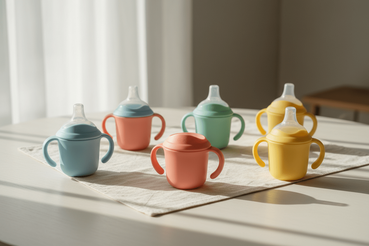 Colorful sippy cups and training cups with handles for toddlers