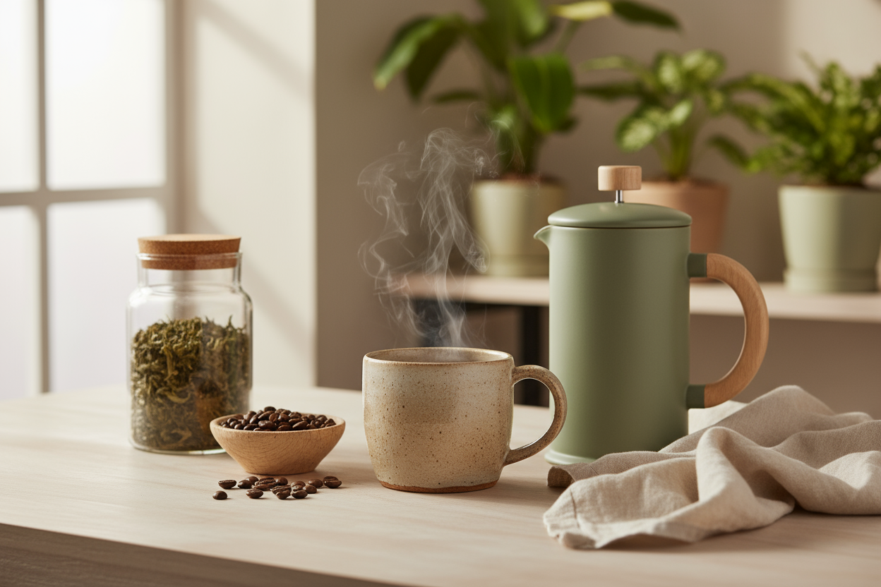 Slow-living coffee and tea moment with ceramic cup, quality loose leaf tea, coffee beans and natural serving accessories in warm earth tones
