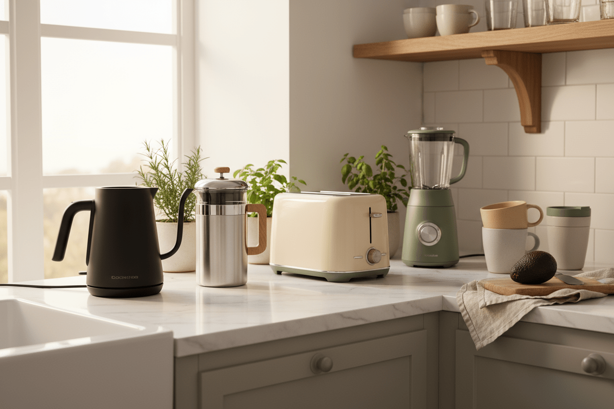 Compact kitchen appliances including electric kettle, coffee maker, toaster and blender on modern countertop in neutral colors