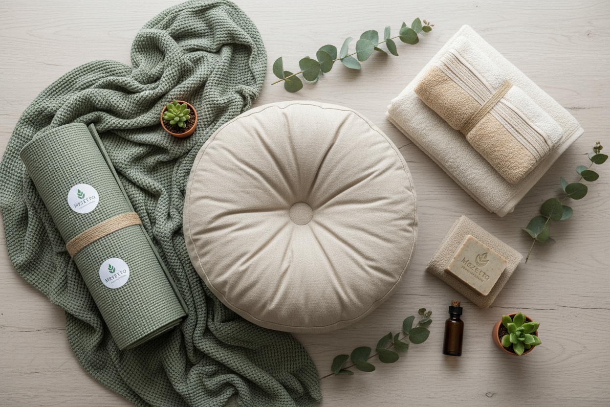 Eco-friendly wellness collection with organic cotton throw, yoga mat, meditation cushion, towel set and natural home spa items in sage green and earth tones