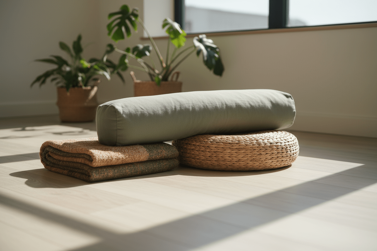 Eco-friendly yoga bolster, meditation cushion and organic cotton blanket in sage green and natural beige tones on wooden floor with plants