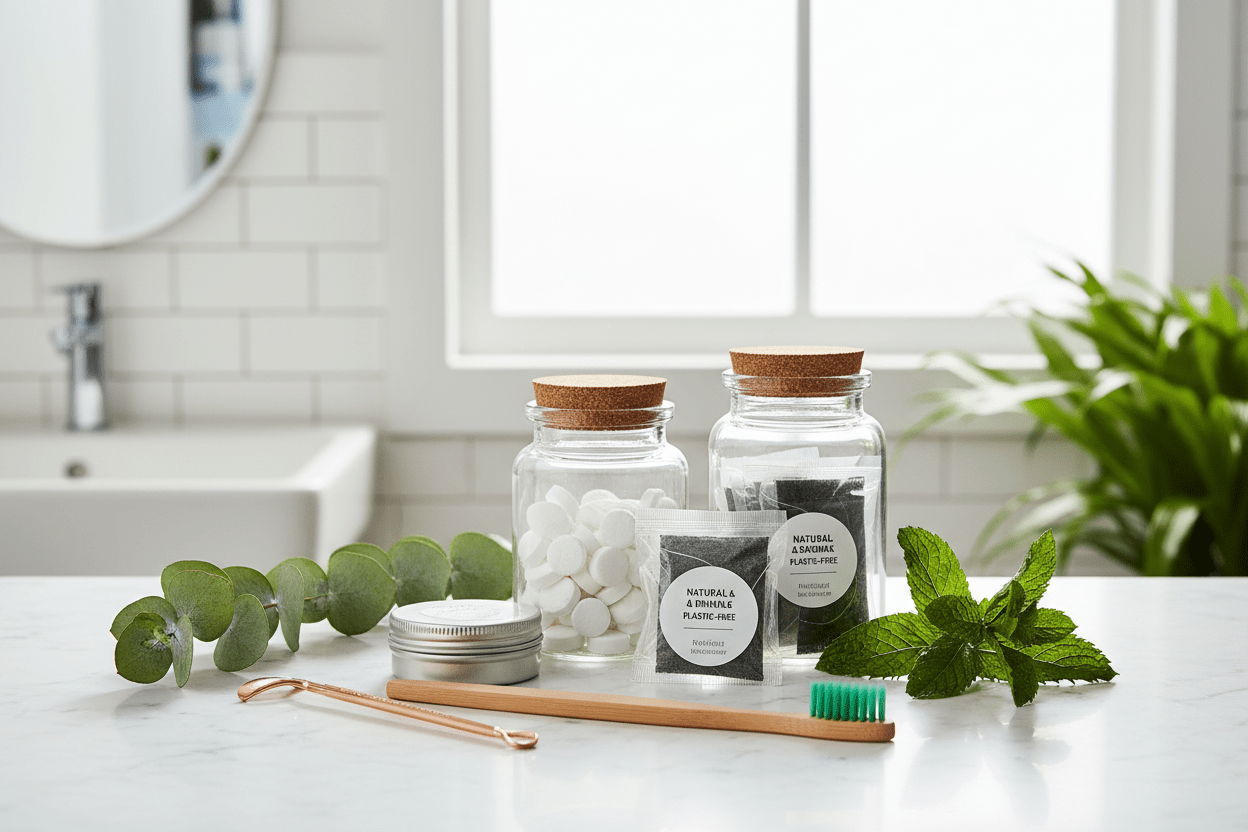 Zerolla natural oral care products - plastic-free toothpaste tablets, sustainable toothbrush and eco-friendly dental care essentials in a zero-waste bathroom setting